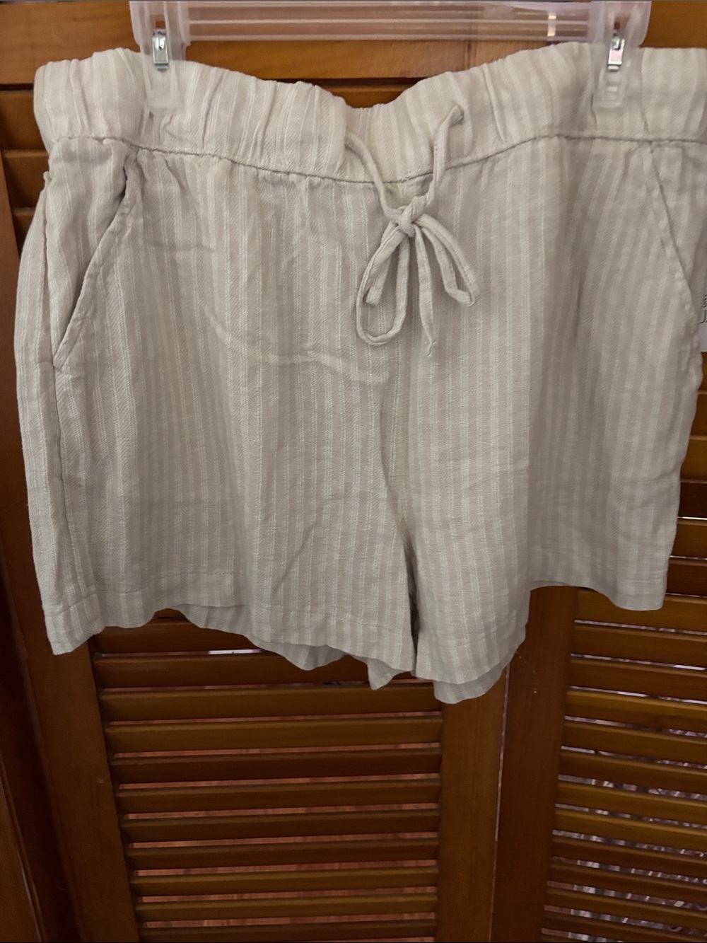 Time and Tru Beige Striped Drawstring Linen-Blend Shorts